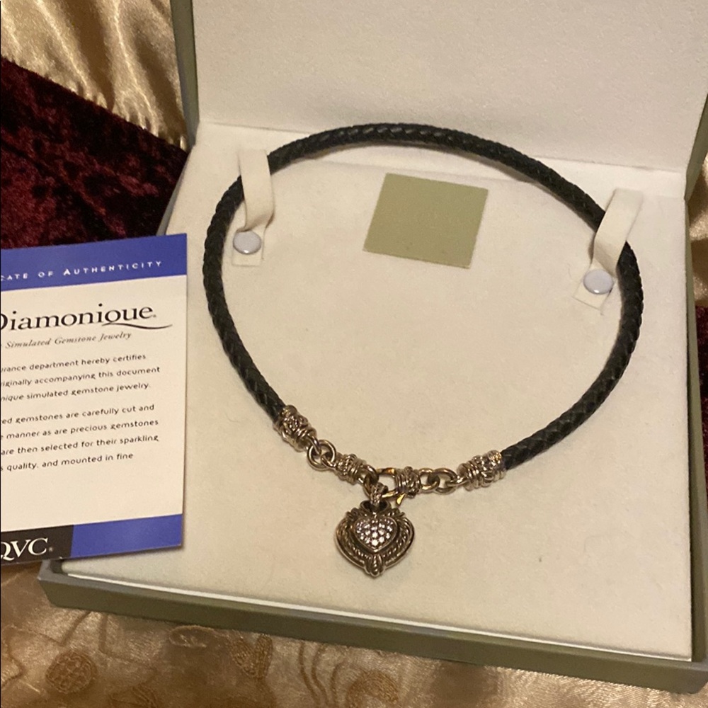Vintage JudithRipka Diamonique Black Leather & Sterling Silver Heart Pendant